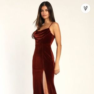 LULUS Everything I do Rust Brown Velvet Cowl Neck Mermaid Maxi Dress New